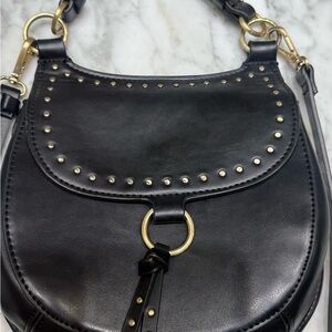 Zara Black Studded Leather Saddle Bag - Women